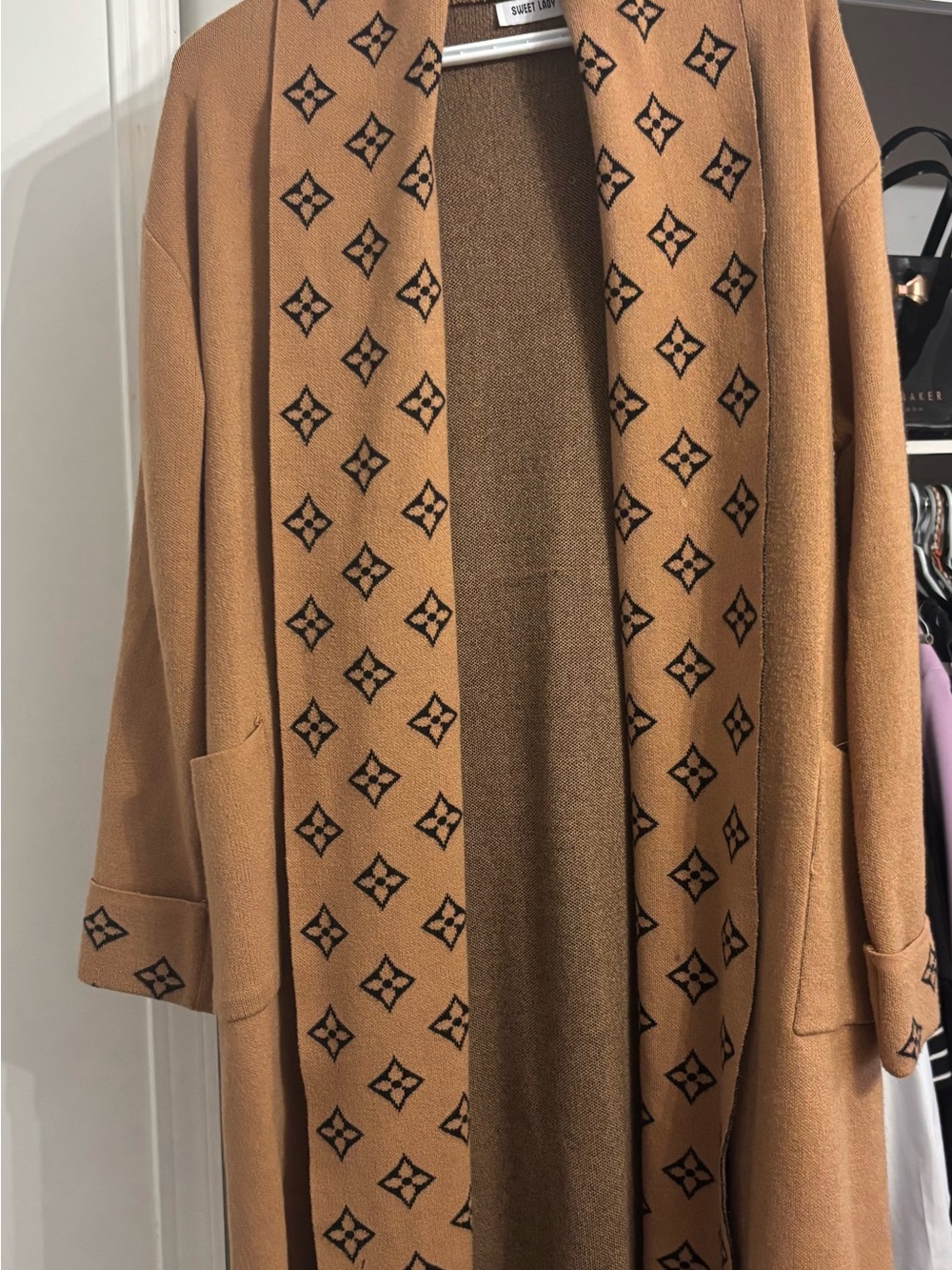 Brown Patterned Open Front Women's Cardigan